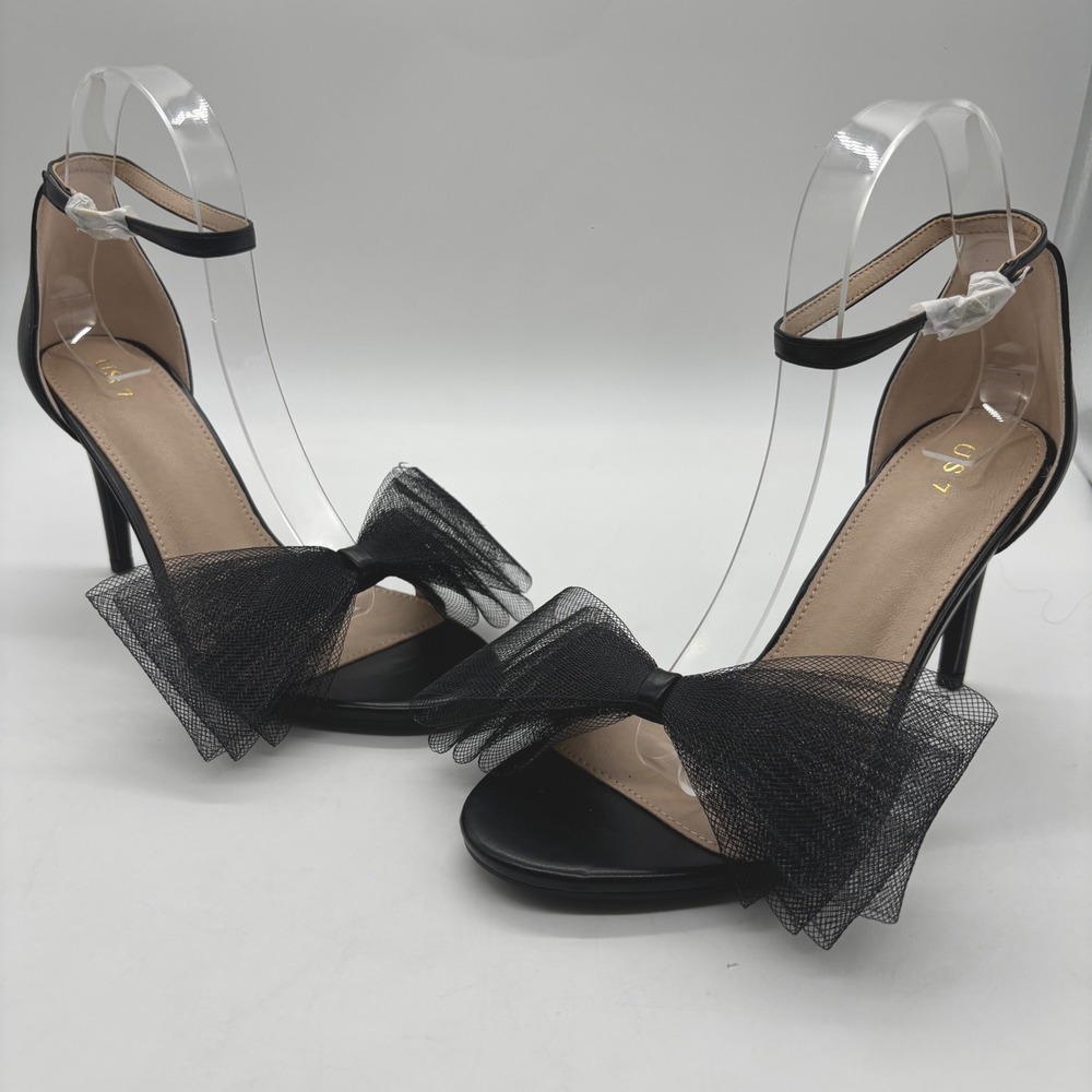 NEW Perphy Stiletto Heels Womens 7 Black‎ Bow Ankle Strap Evening Party Shoes